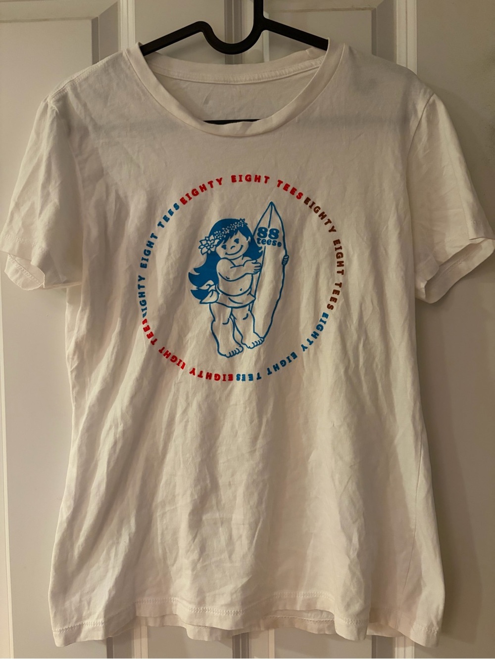 88 tees Graphic Tee with Blue Surf Girl and Red Accent
